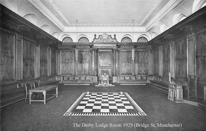 Black and white photograph of a lodge room in 1929